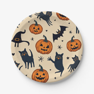 Assiette en papier motif citrouille et chat Hallow
