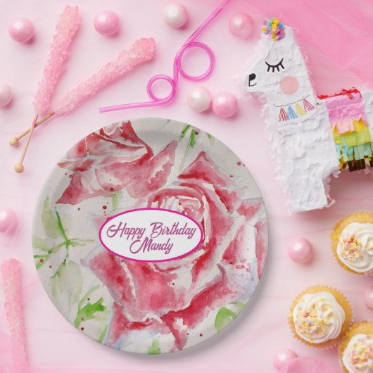 Assiette en papier motif fleurs rose rouge pour fê (Fête)