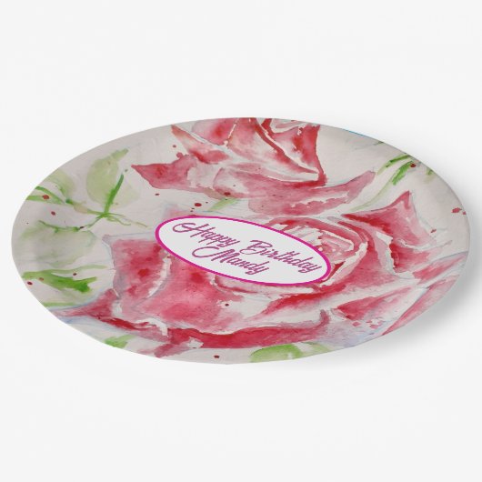 Assiette en papier motif fleurs rose rouge pour fê (Angle)