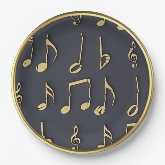 Assiette en papier Notes de musique dorées (Devant)