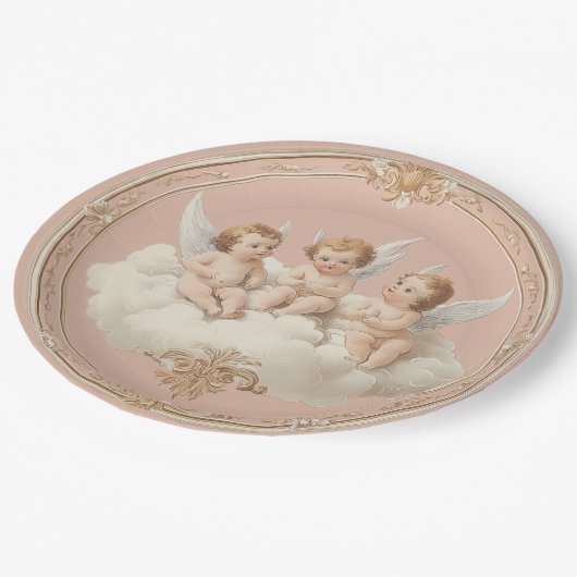 Assiette en papier nuage à chérubin rococo rose ro (Angle)