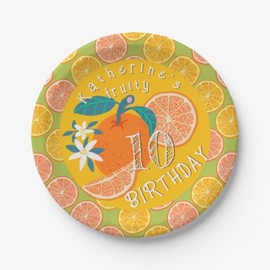 Assiette en papier Orange Fruité 10e anniversaire (Devant)
