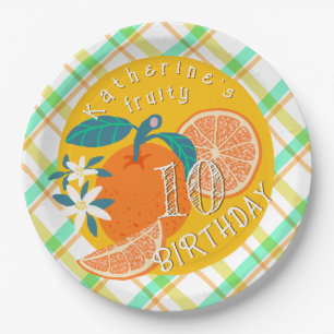 Assiette en papier orange fruité à carreaux pour 1