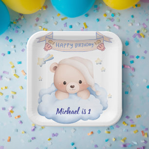 Assiette en papier personnalisée Ourson 1er annive