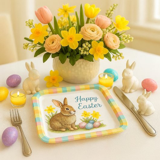 Assiette en papier plaid de printemps avec lapin d