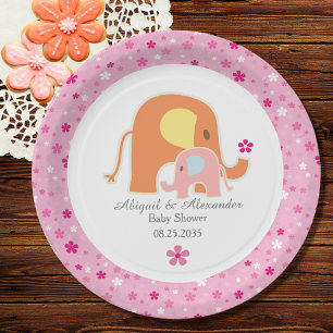Assiette en papier pour Baby Shower Eléphant Rose