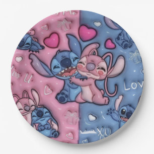 Assiette en papier pour couple Mignon Stitch et An