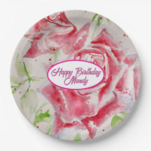 Assiette en papier pour fête motif fleurs rose rou