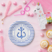 Assiette en papier rayée marine monogramme ancres  (Fête)