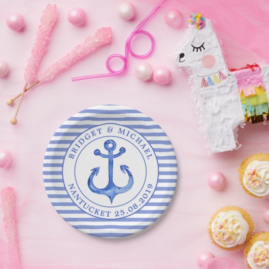 Assiette en papier rayée marine monogramme ancres  (Fête)