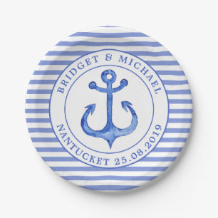 Assiette en papier rayée marine monogramme ancres 