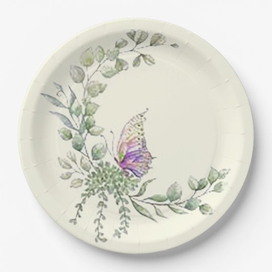 Assiette en Papier Ronde Papillon de Printemps (Devant)