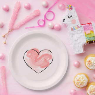 Assiette en papier rose à motif de cœur aquarelle