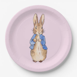 Assiette en papier rose fond classique lapin