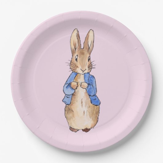 Assiette en papier rose fond classique lapin (Devant)