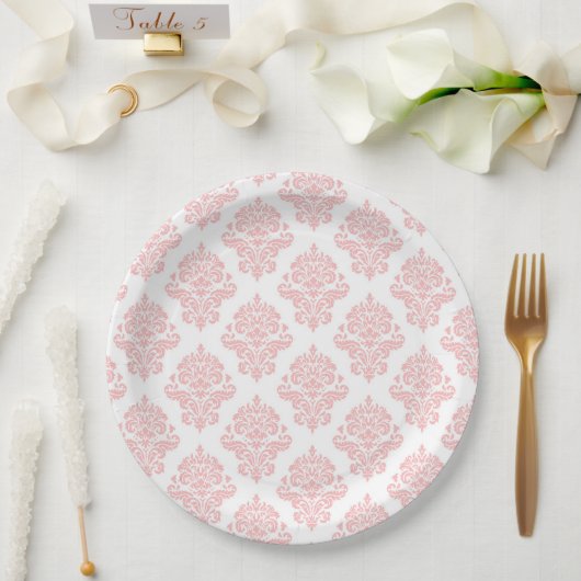 Assiette en papier rose pastel pêche Pastel Damask (Mariage)