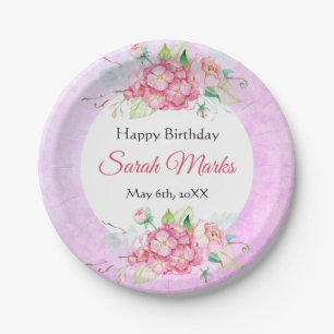 Assiette en papier rose pour anniversaire à motif