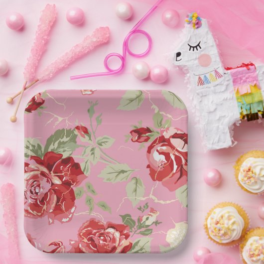 Assiette en papier rose rouge fleur de cerisier (Fête)