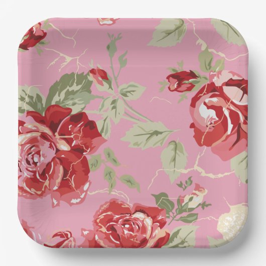 Assiette en papier rose rouge floraison cerisier (Recto)