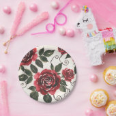 Assiette en papier Roses Rouge Foncé (Fête)
