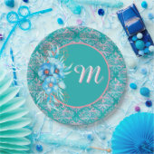 Assiette en papier sarcelle monogrammée (Fête)