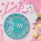 Assiette en papier sarcelle monogrammée (Fête)