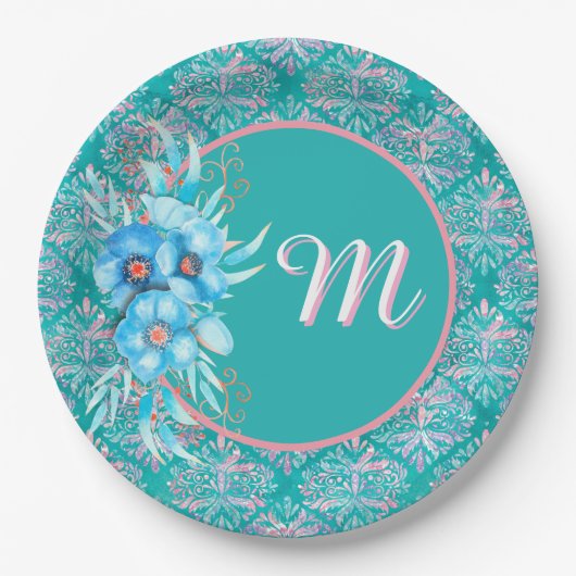 Assiette en papier sarcelle monogrammée (Devant)