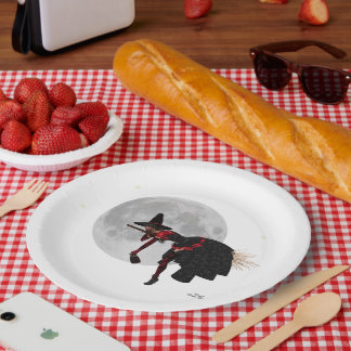 Assiette en papier Sorcière ivre sur balai volant