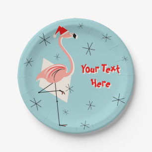Assiette en papier texte bleu Santa Flamingo