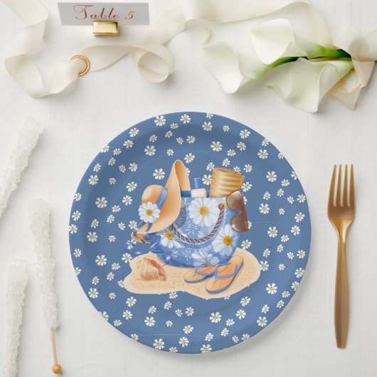 Assiette en papier thème plage girly bleu avec fle (Mariage)