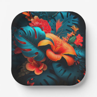 Assiette en papier Tropical Flowers Square