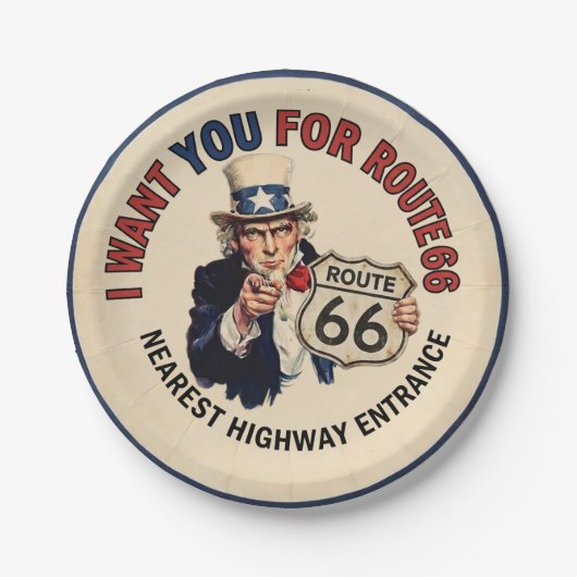 Assiette en papier Uncle Sam Route 66 rétro (Devant)