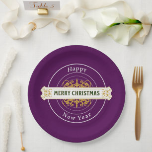 Assiette en papier Violet Joyeux Noël, Bonne Année