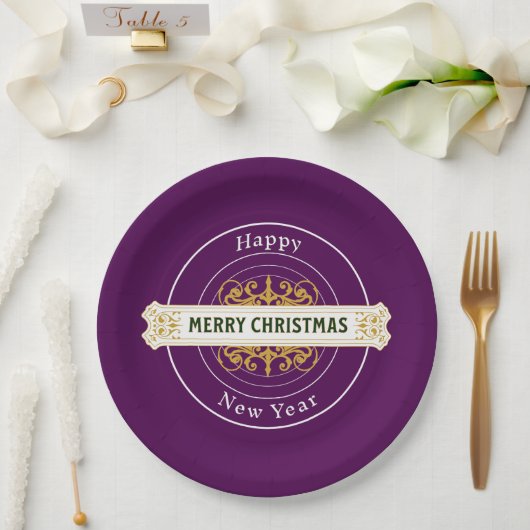 Assiette en papier Violet Joyeux Noël, Bonne Année (Mariage)
