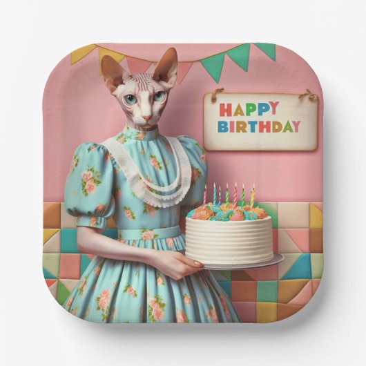 Assiette | Retro Sphynx Chat Anniversaire Pink (Recto)