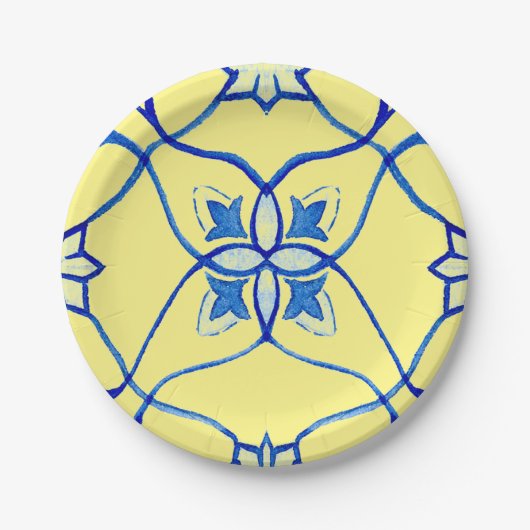 Assiette ronde méditerranéenne jaune et bleue (Devant)