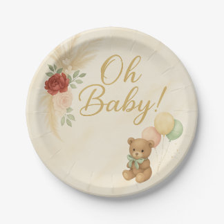 Assiette ronde pour baby shower Ourson Boho Oh Bab