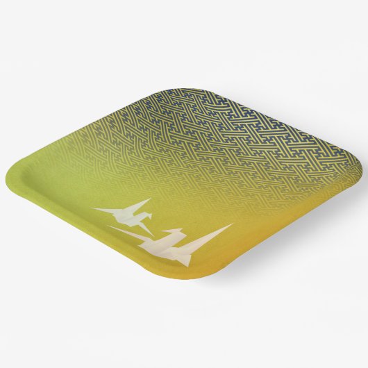 ASSIETTES EN CARTON 折鶴と紗綾形紋様(金地に紺青色)のペーパープレート (Angulaire)