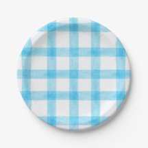 002 Cerulean Watercolor Plaid Small Paper Plates