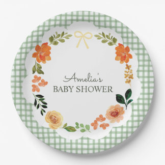 Assiettes En Carton 019 Vert forêt Floral Gingham Baby Shower