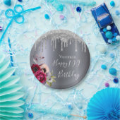 Assiettes En Carton 100e anniversaire argent floral bordeaux nom (Fête)