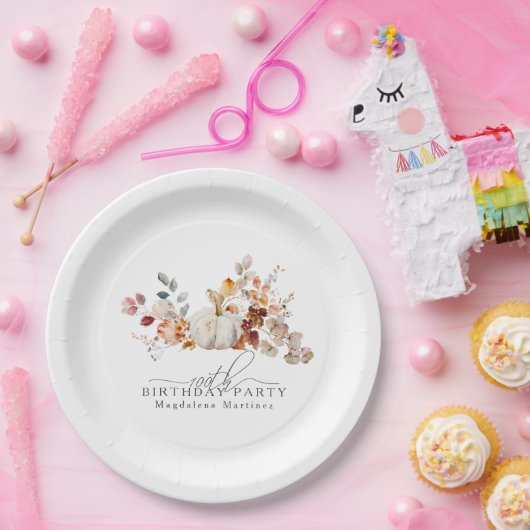 Assiettes En Carton 100e anniversaire Citrouille blanc fleurs d'automn (Fête)