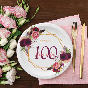 Assiettes En Carton 100e anniversaire fête blanche geo floral bordeaux