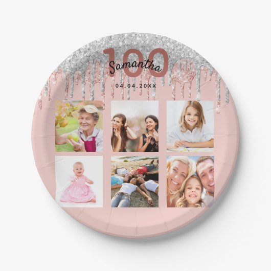 Assiettes En Carton 100e anniversaire rose or parties scintillant arge (Devant)