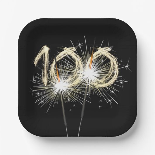 Assiettes En Carton 100e anniversaire Sparklers de fête sur Noir (Recto)