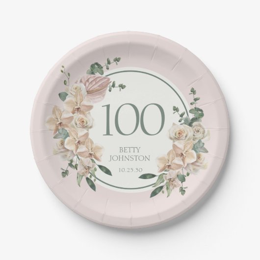 Assiettes En Carton 100e anniversaire Tropical Floral (Devant)