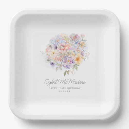 Assiettes En Carton 100e fête d'anniversaire aquarelle Floral Custom (Recto)