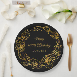 Assiettes En Carton 100e fête d'anniversaire Luxe Gold Rose Floral Bla