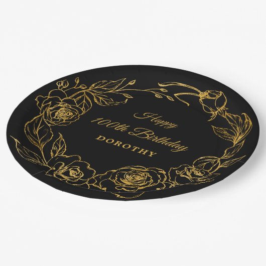 Assiettes En Carton 100e fête d'anniversaire Luxe Gold Rose Floral Bla (Angle)