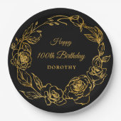 Assiettes En Carton 100e fête d'anniversaire Luxe Gold Rose Floral Bla (Devant)